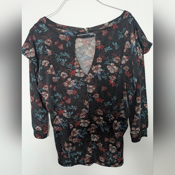 Free People EUC Womens Size Xs 3/4 Sleeve Floral Black Red Blouse Shirt Top Boho - Picture 6 of 14